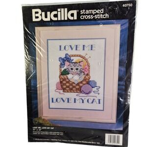 Bucilla Love Me Love My Cat Stamped Cross Stitch Kit Pet Kitten Basket Sealed